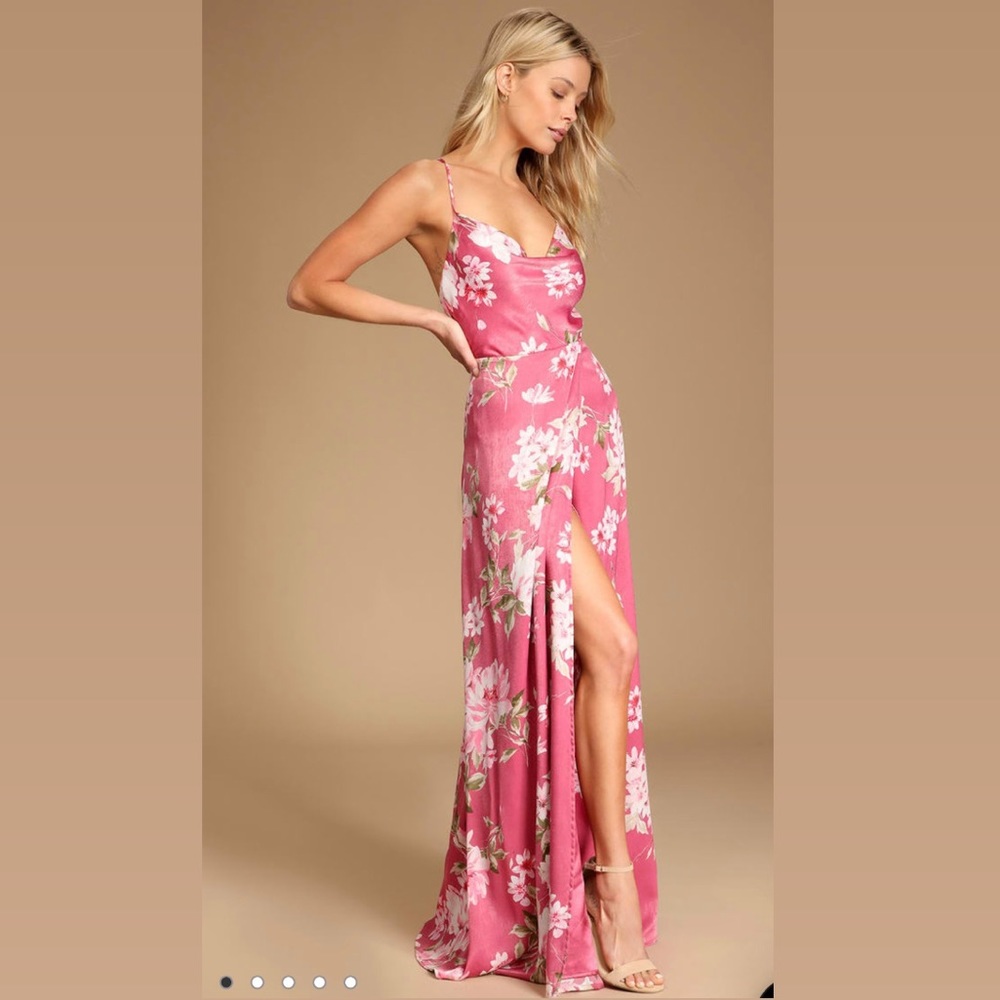 NWT Lulu’s | Love of Romance Pink Floral Print Satin Cowl Neck Maxi Dress